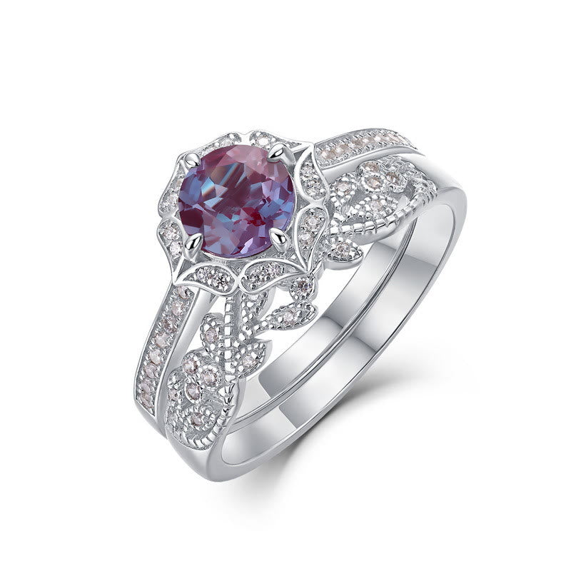 Olivenorma 2Pcs Natural Alexandrite Vintage Carved Ring Set