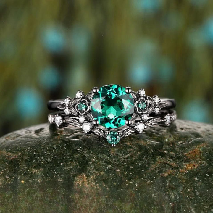 FREE Today: 2 Pcs Floral Alexandrite Black Engagement Ring Set - US 10 - Emerald#Round - image 14