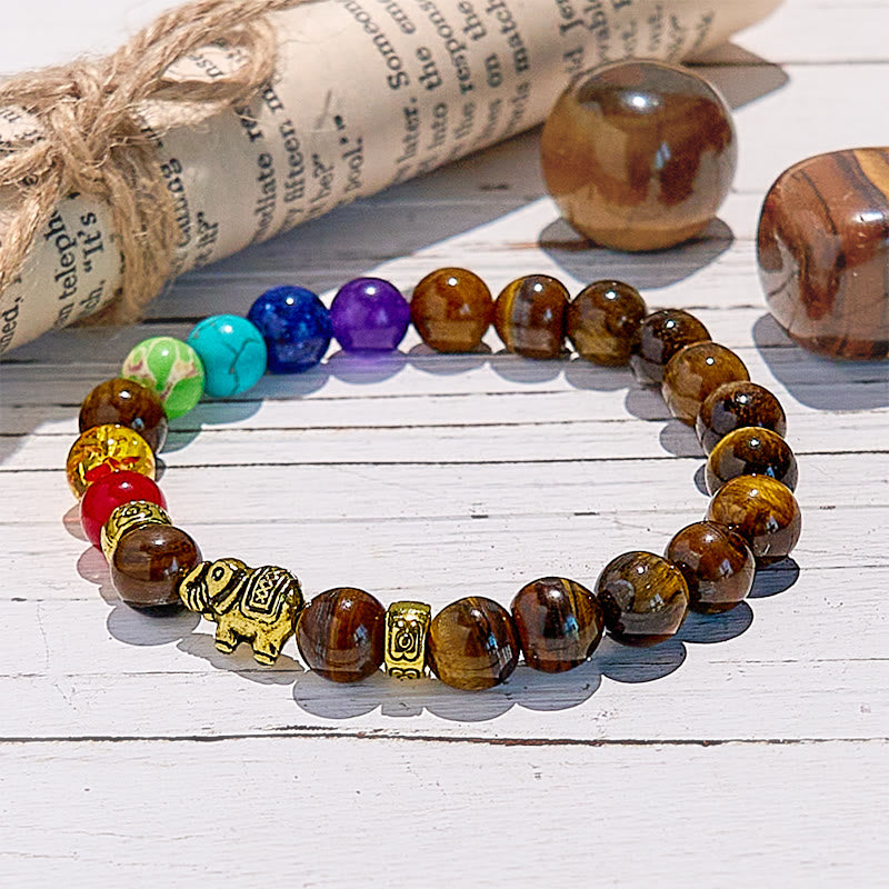 Olivenorma Chakra Tiger Eye Elephant Pendant Beaded Bracelet