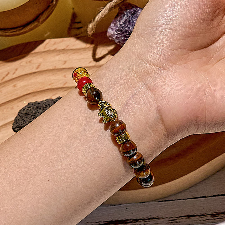 Olivenorma Chakra Tiger Eye Elephant Pendant Beaded Bracelet