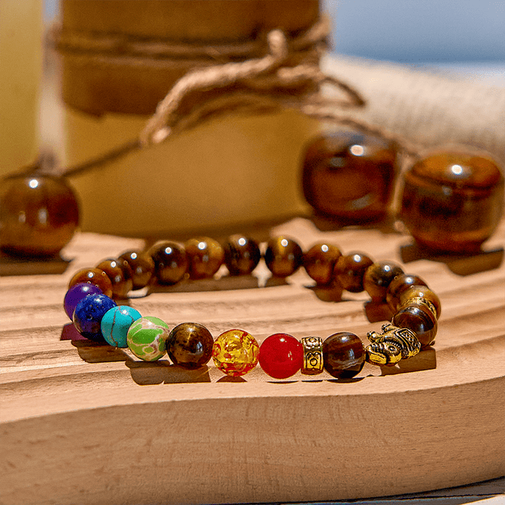 Olivenorma Chakra Tiger Eye Elephant Pendant Beaded Bracelet