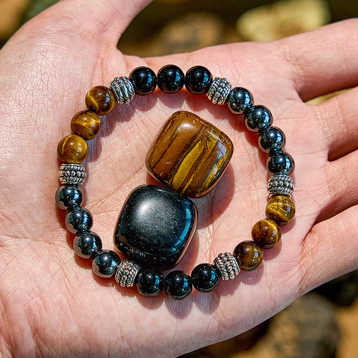 Olivenorma Hematite Tiger Eye Obsidian Alloy Bead Bracelet