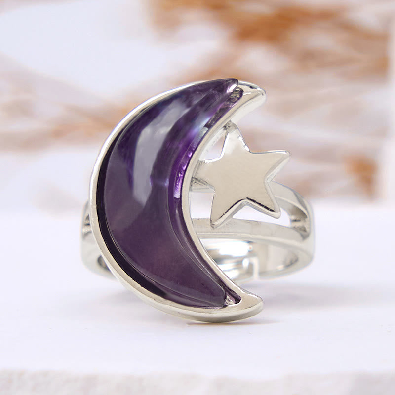 Olivenorma Natural Amethyst Moon Star Ring