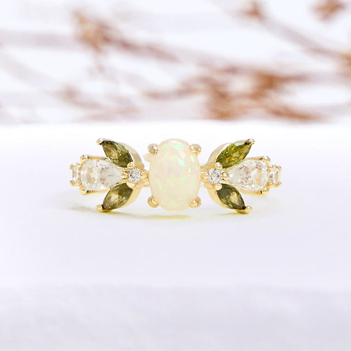 Olivenorma Delicate Opal Leaf Peridot Zircon Ring