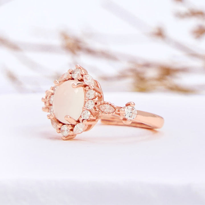 Olivenorma Oval White Chalcedony Flower White Zircon Ring