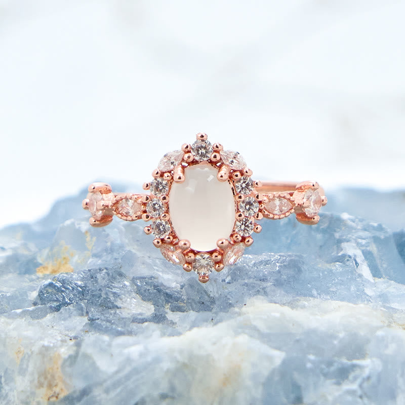 Olivenorma Oval White Chalcedony Flower White Zircon Ring