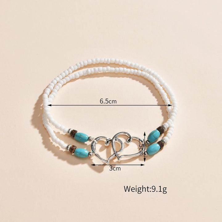 Olivenorma Metal Double Heart Turquoise Rice Bead Anklet