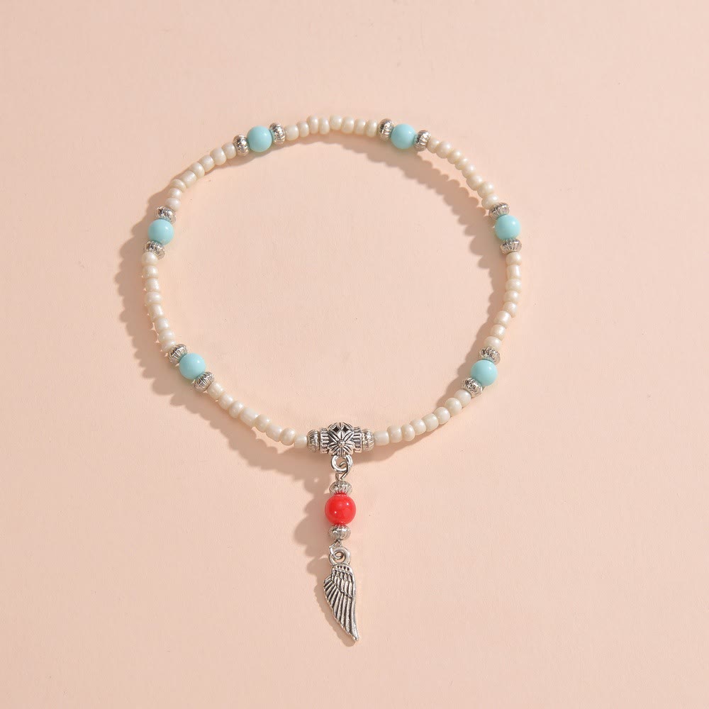 Olivenorma White Turquoise Beaded Metal Feather Pendant Anklet