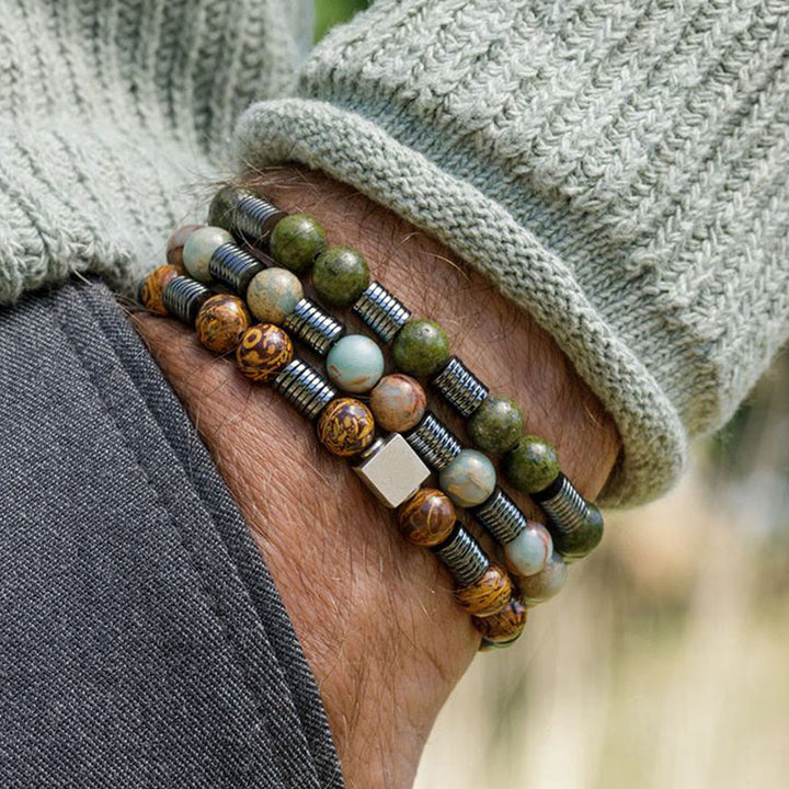 Olivenorma 8mm Agalmatolite Hematite Unakite Beads Bracelet