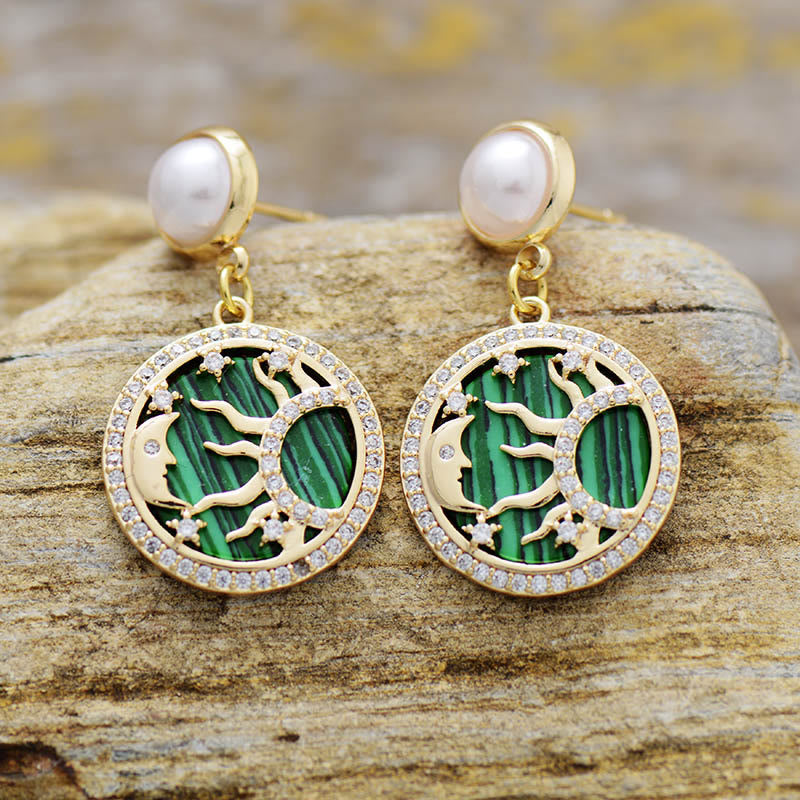 Olivenorma Malachite Freshwater Pearl Sun Moon Pattern Earrings