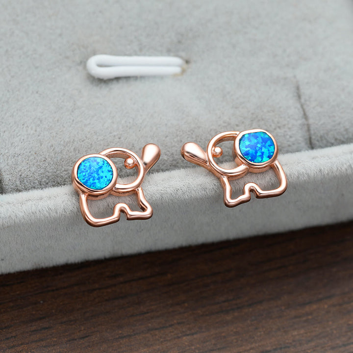 Olivenorma Blue White Opal Cute Elephant Studs Earrings