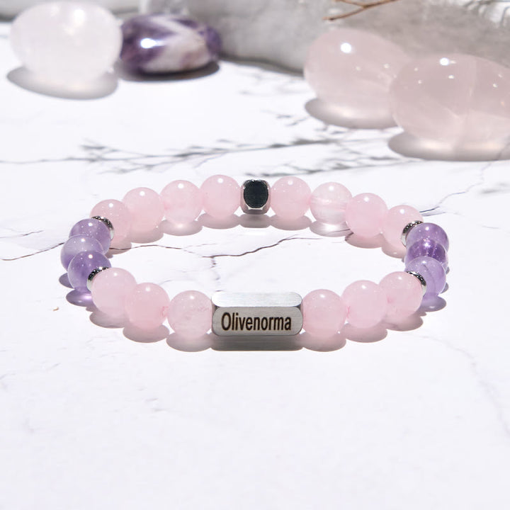 Olivenorma Amethyst Rose Quartz Beaded Engraved Bracelet