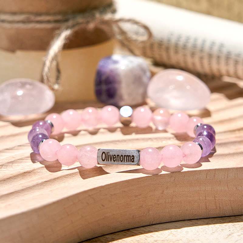 Olivenorma Amethyst Rose Quartz Beaded Engraved Bracelet