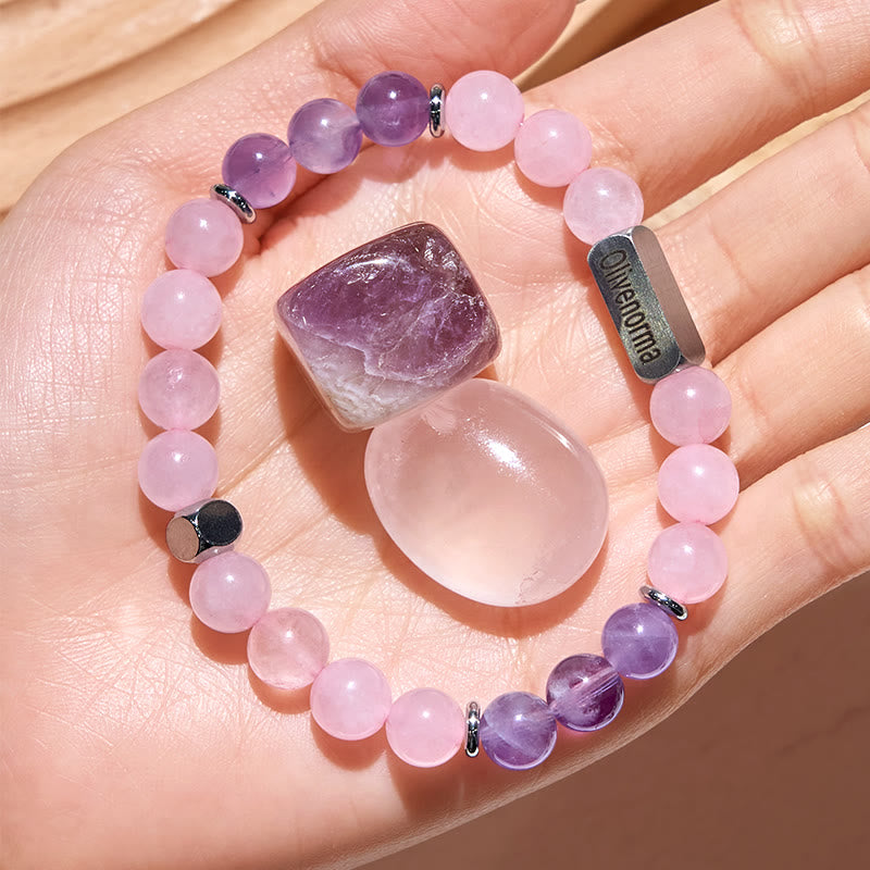 Olivenorma Amethyst Rose Quartz Beaded Engraved Bracelet