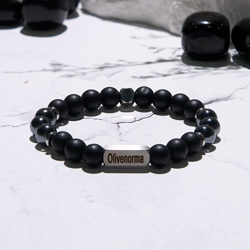 Olivenorma Black Onyx Hematite Beaded Engraved Bracelet