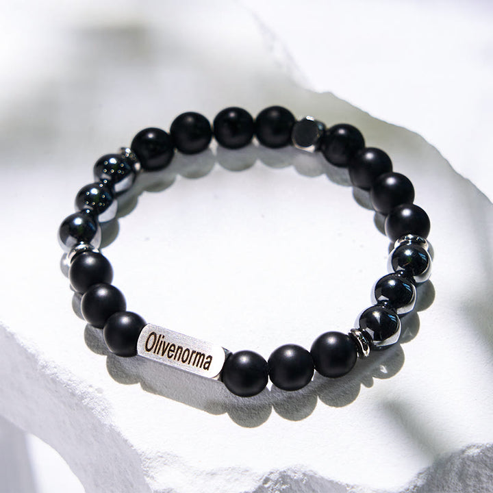 Olivenorma Black Onyx Hematite Beaded Engraved Bracelet