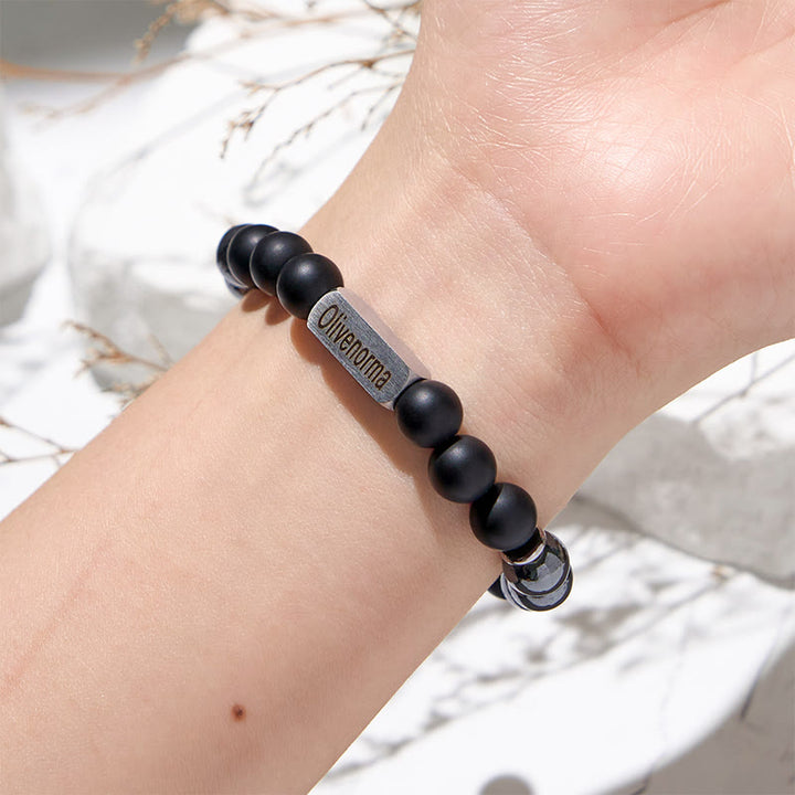 Olivenorma Black Onyx Hematite Beaded Engraved Bracelet