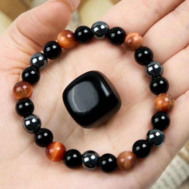 Olivenorma Orange Tiger Eye Obsidian Hematite Beaded Bracelet