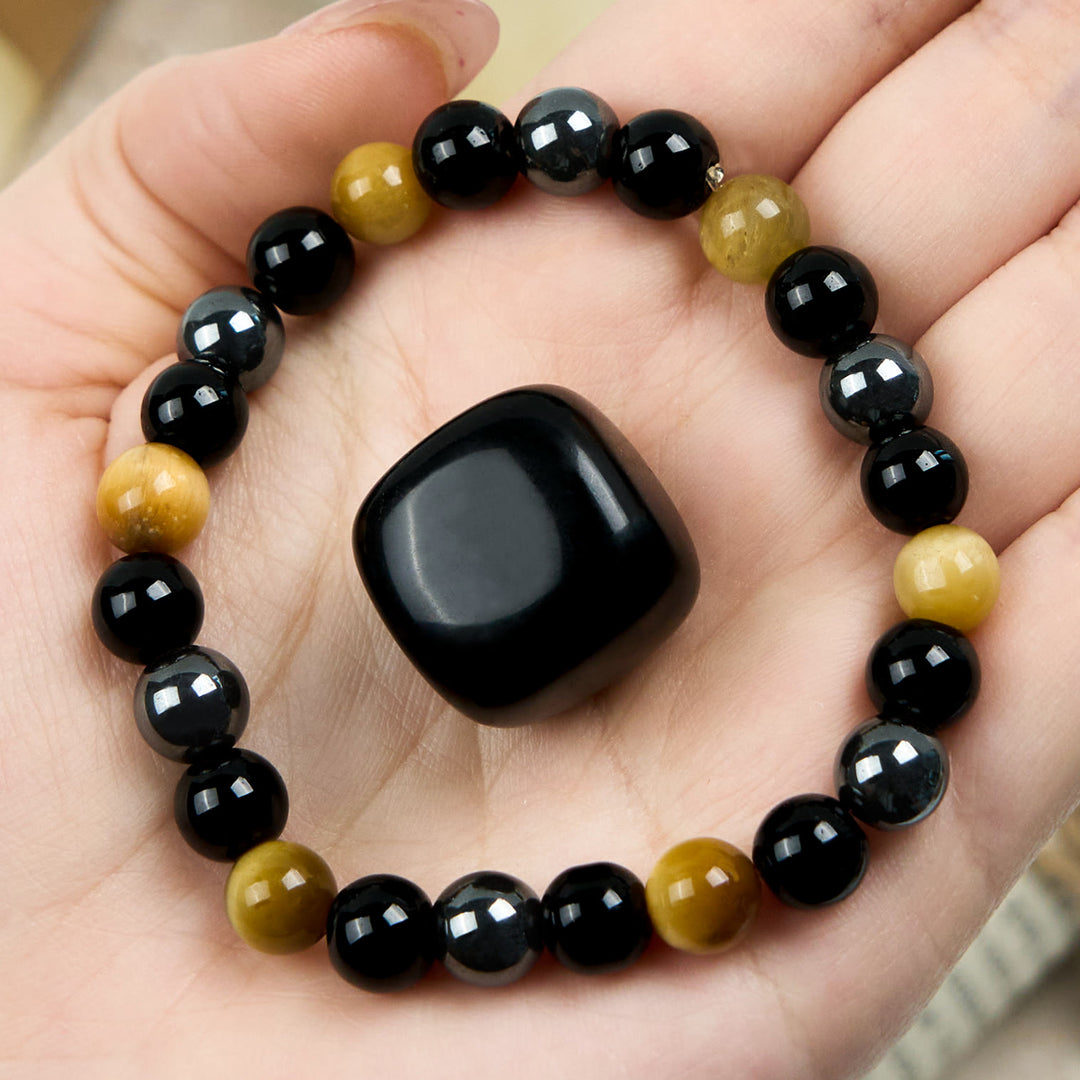 Olivenorma Yellow Tiger Eye Obsidian Hematite Beaded Bracelet