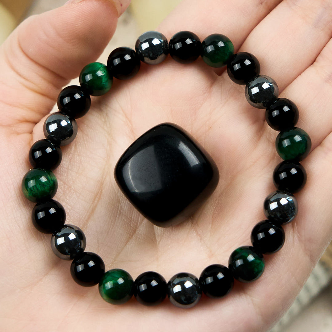 Olivenorma Green Tiger Eye Obsidian Hematite Beaded Bracelet