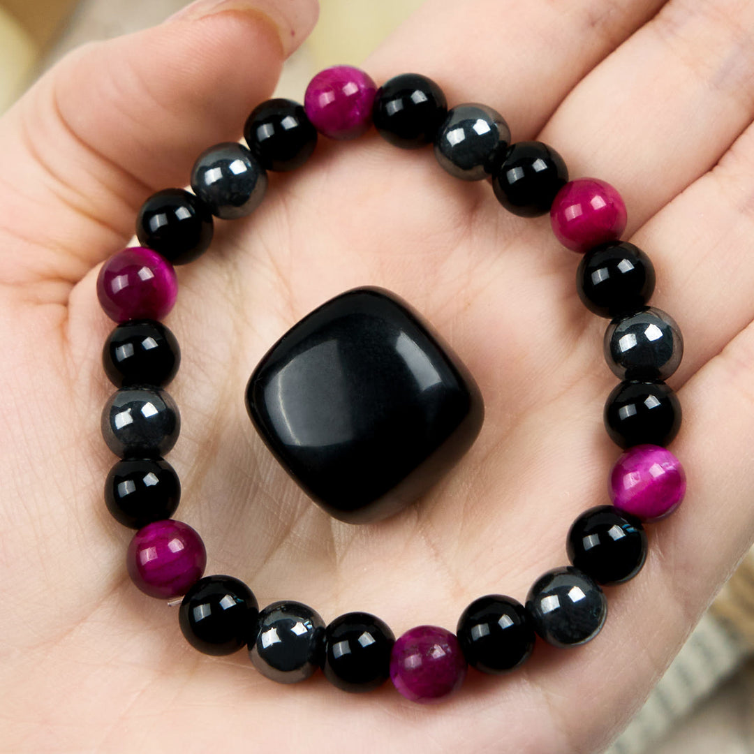 Olivenorma Rose Red Tiger Eye Obsidian Hematite Beaded Bracelet