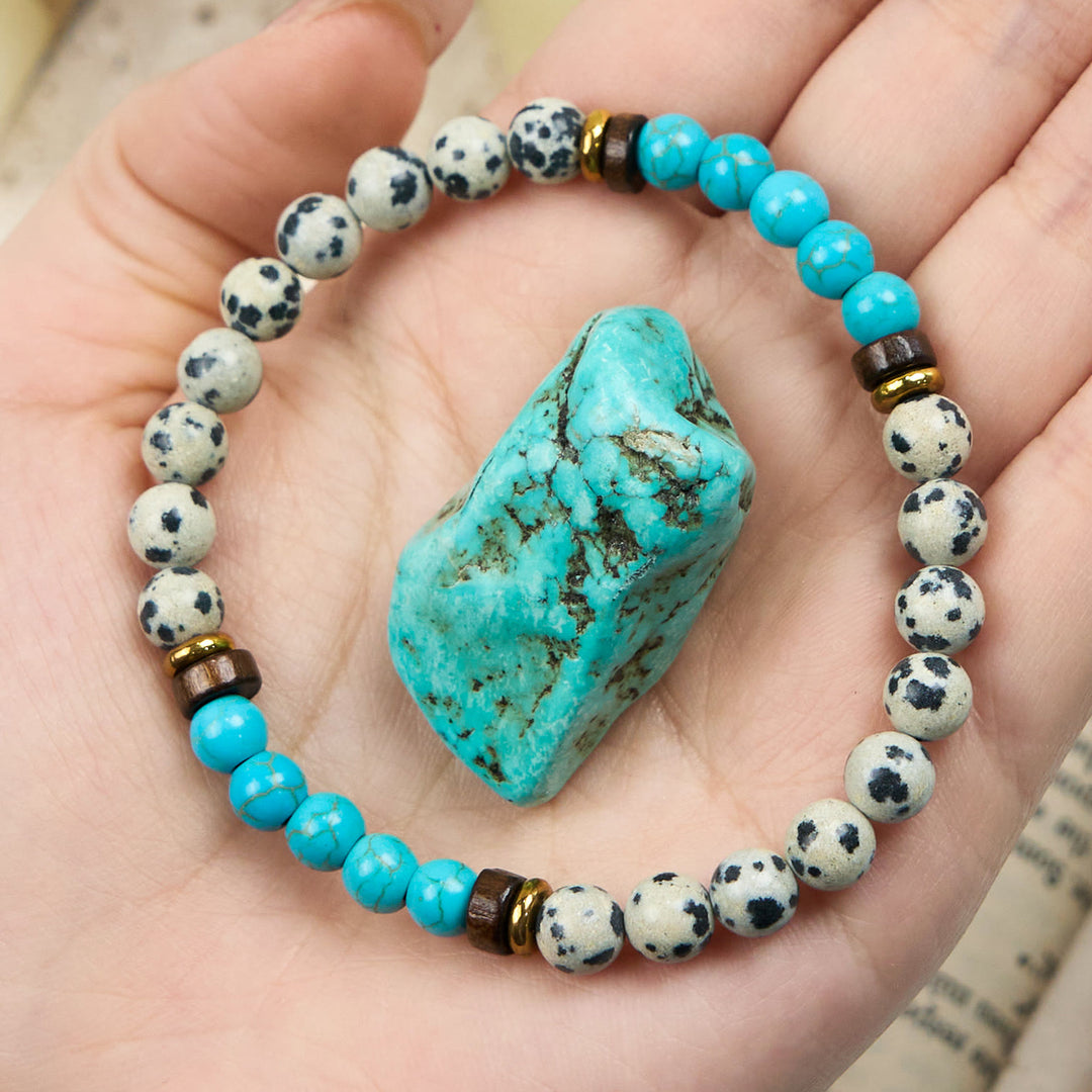 Olivenorma Natural Dalmatian Jasper Turquoise Beaded Bracelet