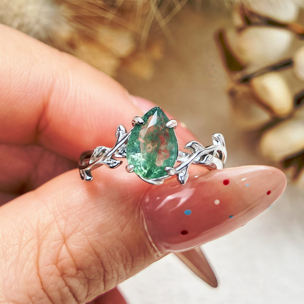 Olivenorma Pear Cut Moss Agate Twisted Leaf Engagement Ring - image 1