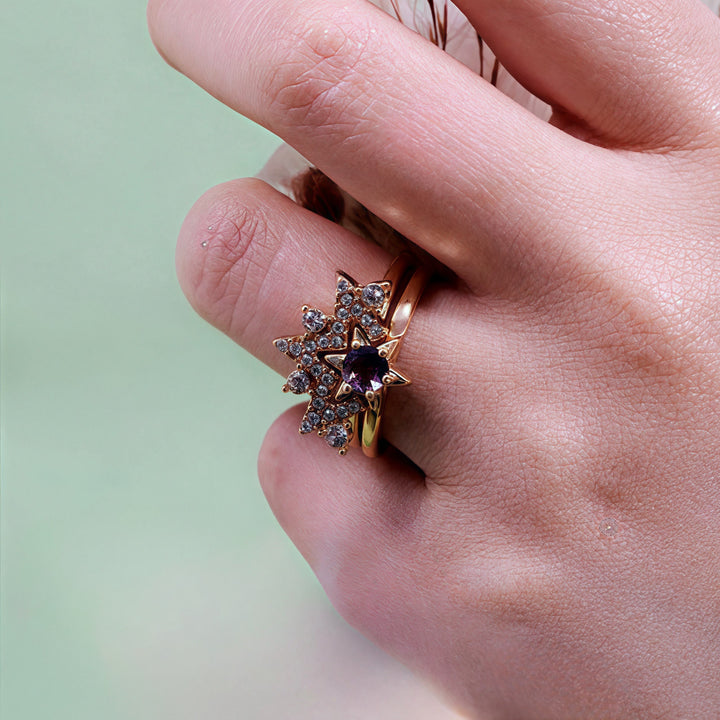 Olivenorma 2Pcs Amethyst White Zircon Star Ring