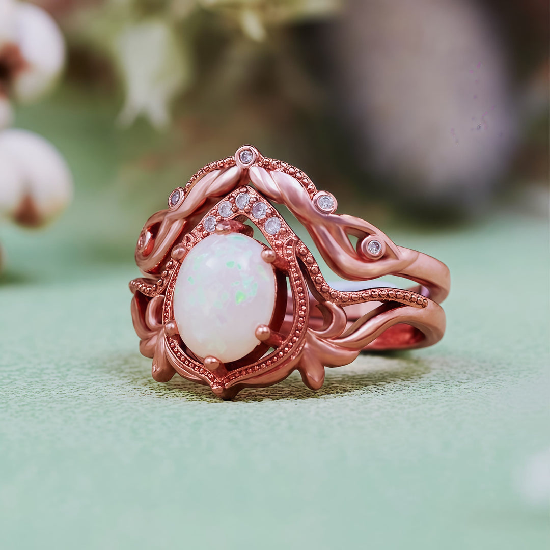 Olivenorma 2Pcs Garnet Opal Zircon Vintage Carved Ring