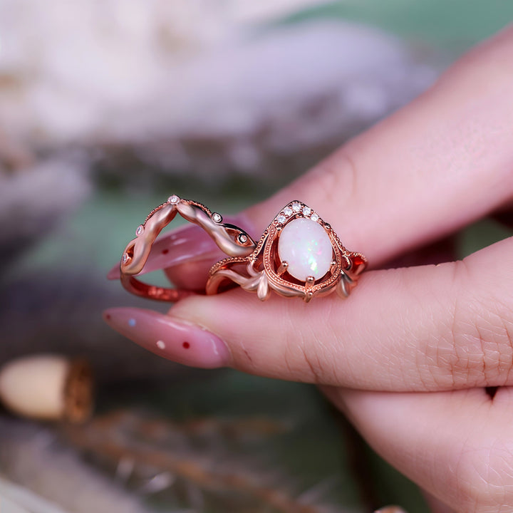 Olivenorma 2Pcs Garnet Opal Zircon Vintage Carved Ring