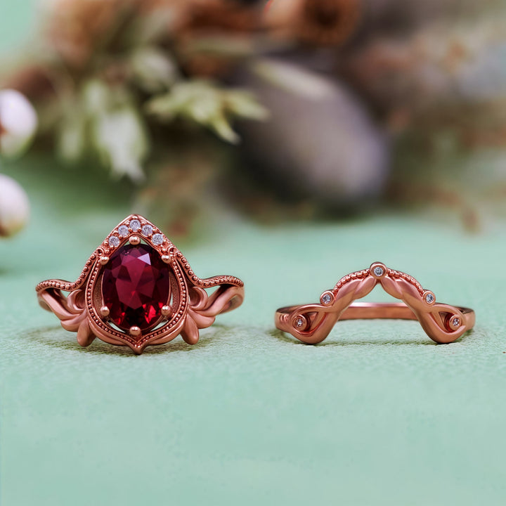 Olivenorma 2Pcs Garnet Opal Zircon Vintage Carved Ring