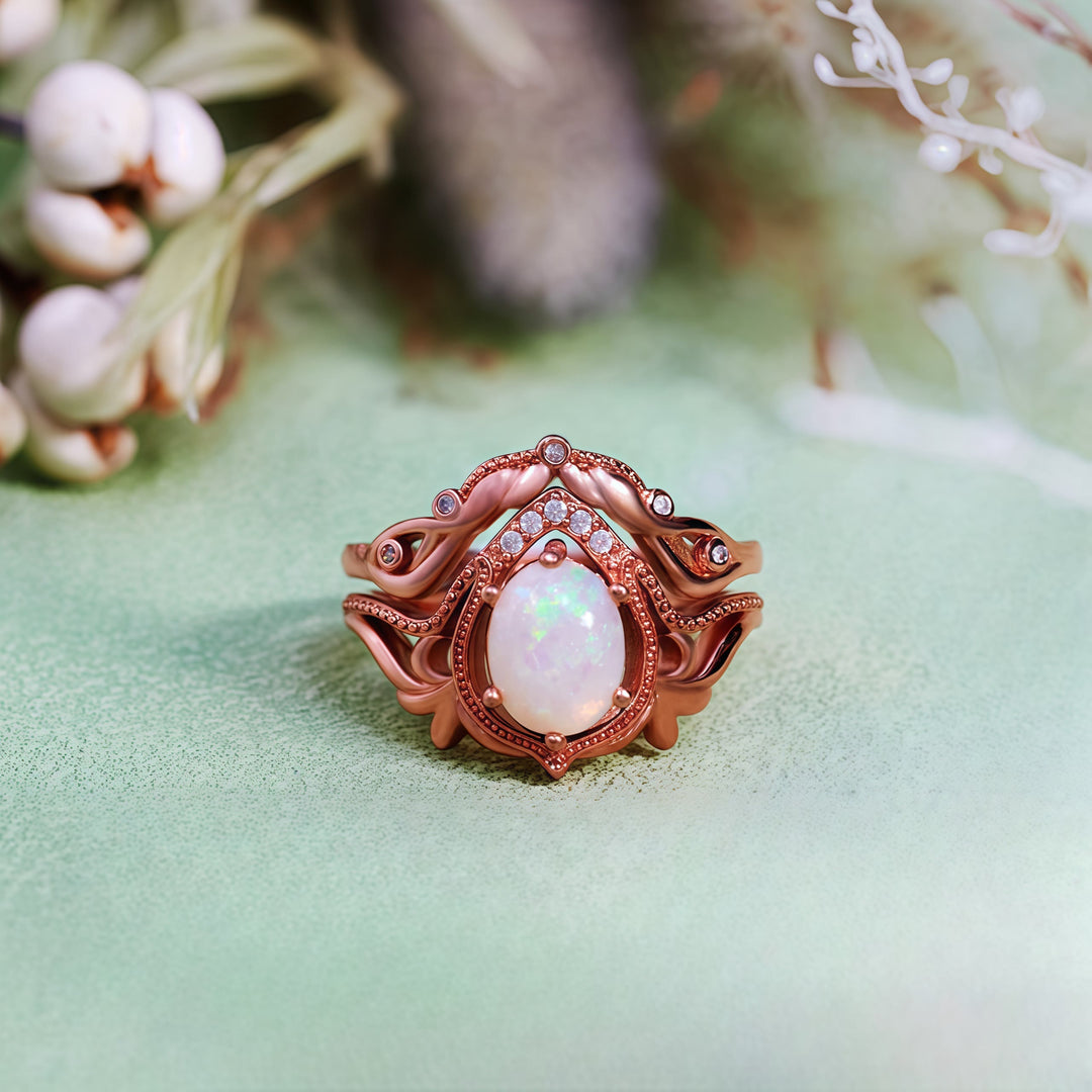 Olivenorma 2Pcs Garnet Opal Zircon Vintage Carved Ring