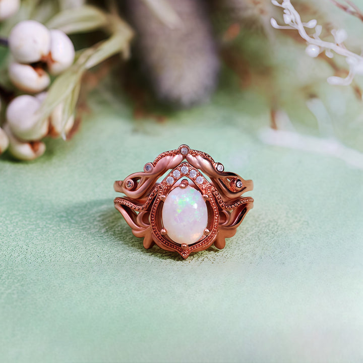 Olivenorma 2Pcs Garnet Opal Zircon Vintage Carved Ring