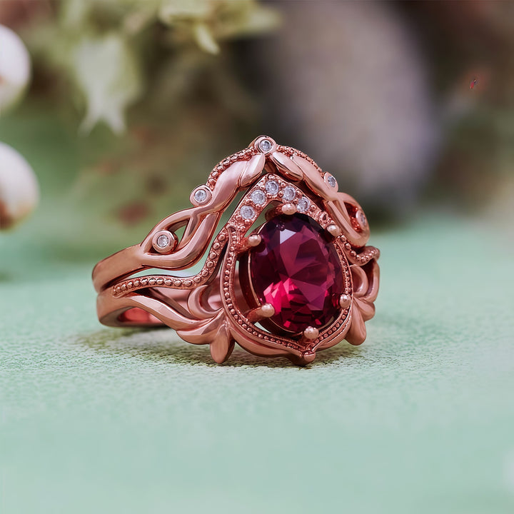 Olivenorma 2Pcs Garnet Opal Zircon Vintage Carved Ring