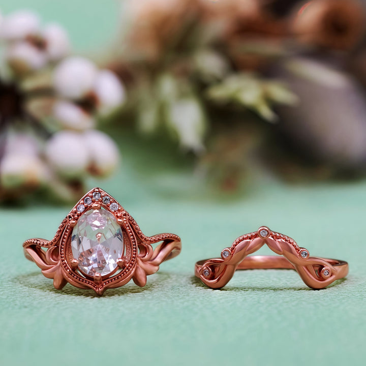 Olivenorma 2Pcs Garnet Opal Zircon Vintage Carved Ring
