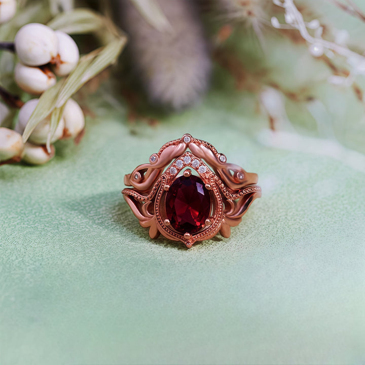 Olivenorma 2Pcs Garnet Opal Zircon Vintage Carved Ring