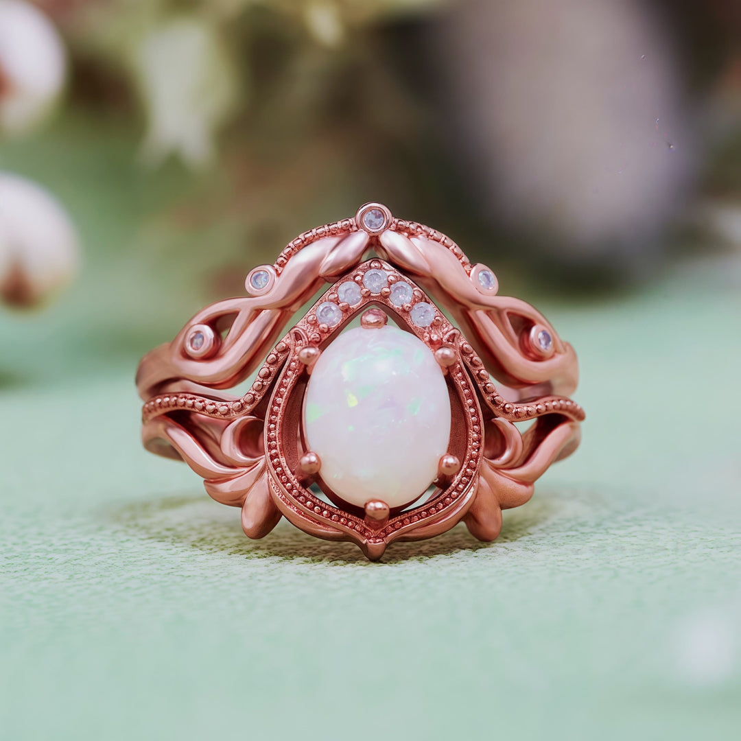 Olivenorma 2Pcs Garnet Opal Zircon Vintage Carved Ring