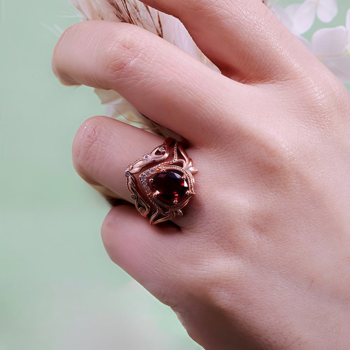 Olivenorma 2Pcs Garnet Opal Zircon Vintage Carved Ring