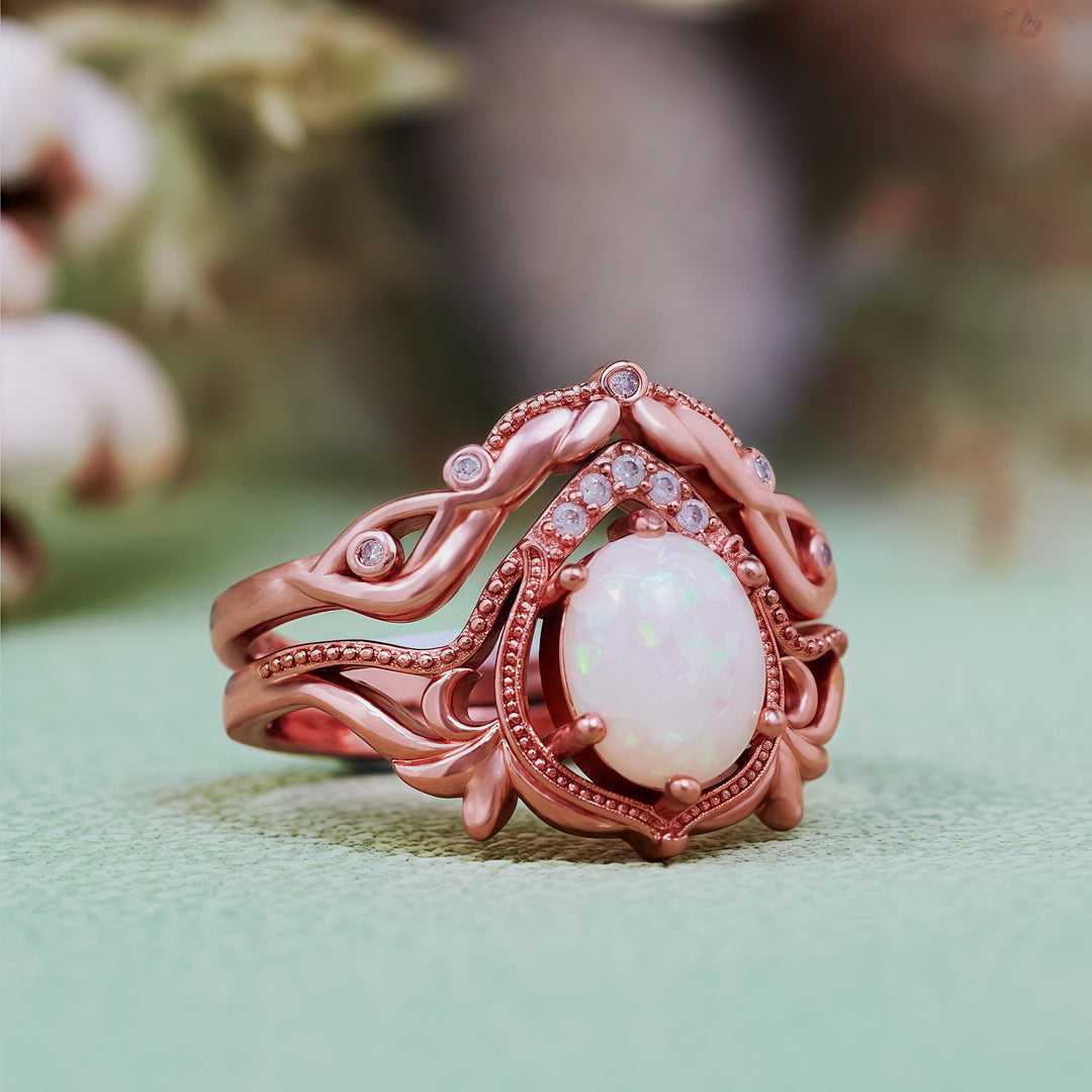 Olivenorma 2Pcs Garnet Opal Zircon Vintage Carved Ring