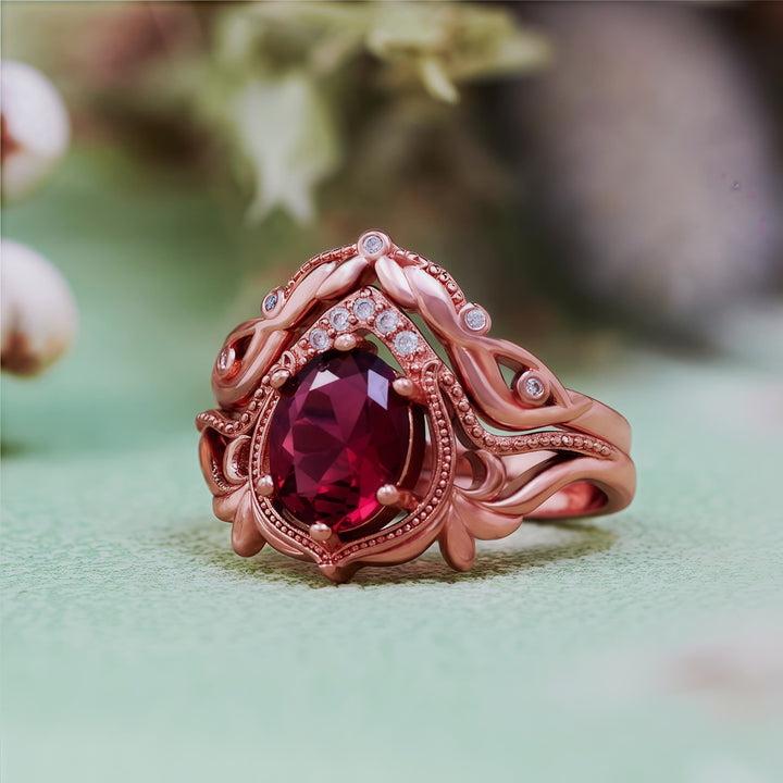 Olivenorma 2Pcs Garnet Opal Zircon Vintage Carved Ring