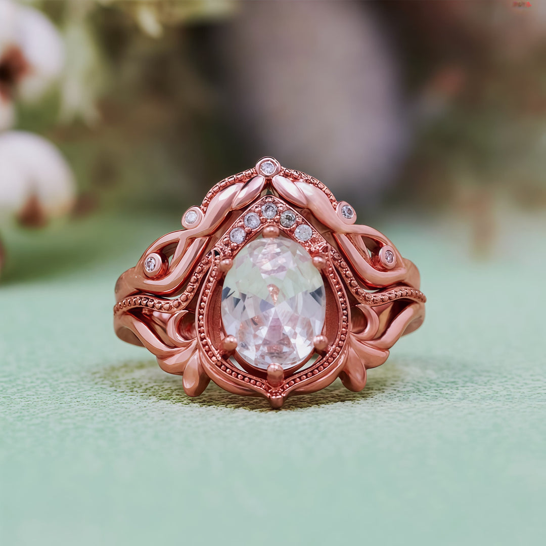 Olivenorma 2Pcs Garnet Opal Zircon Vintage Carved Ring
