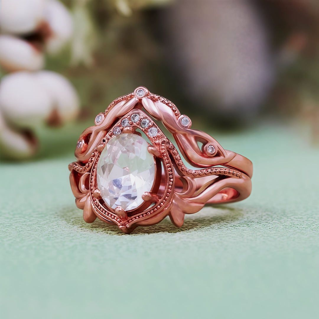 Olivenorma 2Pcs Garnet Opal Zircon Vintage Carved Ring