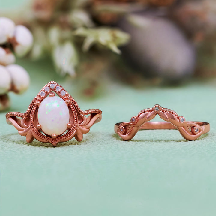 Olivenorma 2Pcs Garnet Opal Zircon Vintage Carved Ring