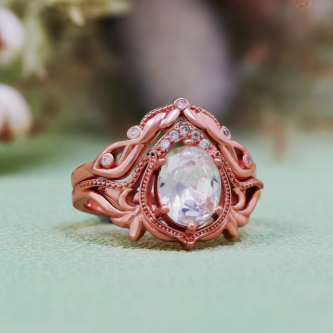 Olivenorma 2Pcs Garnet Opal Zircon Vintage Carved Ring