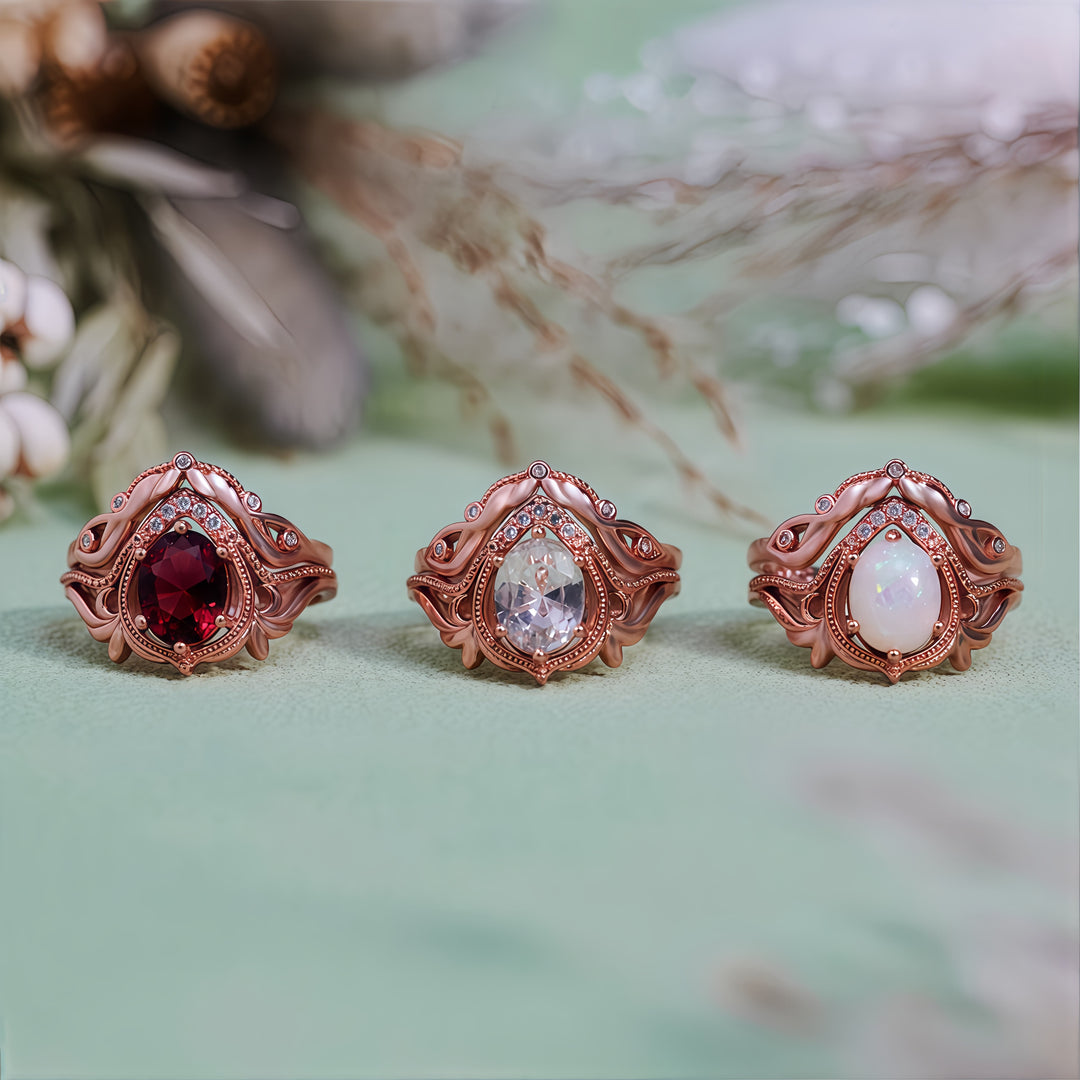 Olivenorma 2Pcs Garnet Opal Zircon Vintage Carved Ring