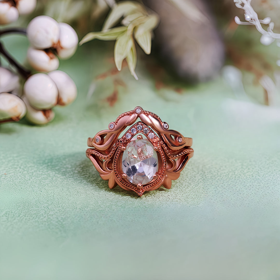 Olivenorma 2Pcs Garnet Opal Zircon Vintage Carved Ring