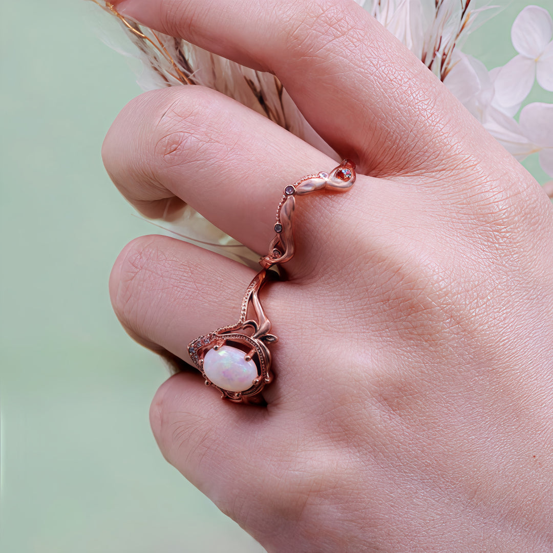 Olivenorma 2Pcs Garnet Opal Zircon Vintage Carved Ring
