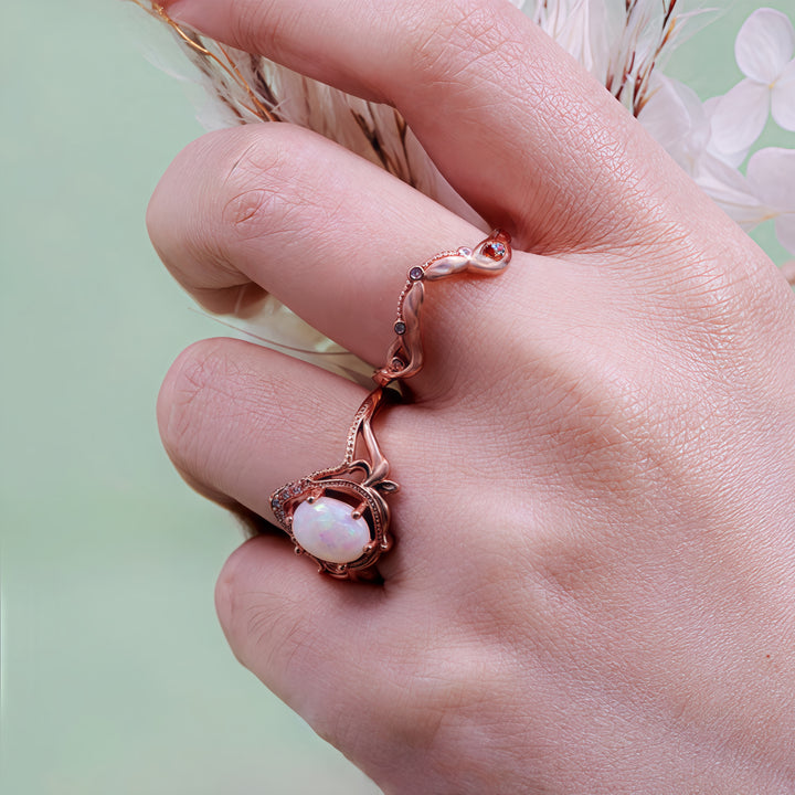 Olivenorma 2Pcs Garnet Opal Zircon Vintage Carved Ring