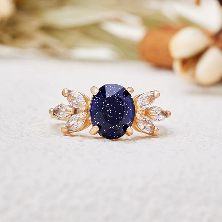 Olivenorma Oval Cut Blue Sandstone Zircon Leaf Ring