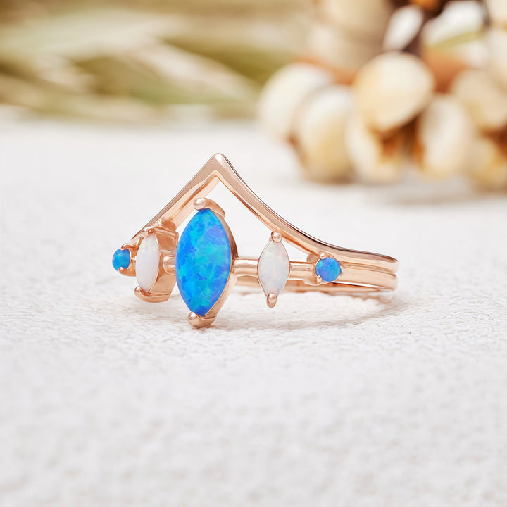 Olivenorma Natural Blue & White Opal Crown Ring